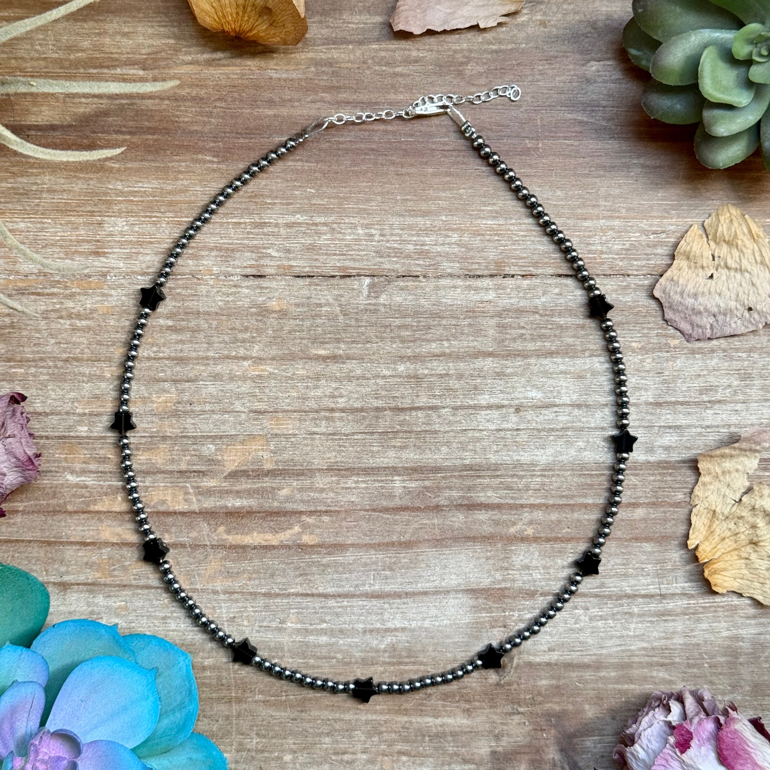 15” Black Onyx Star Necklace – Sterling Silver Pearls