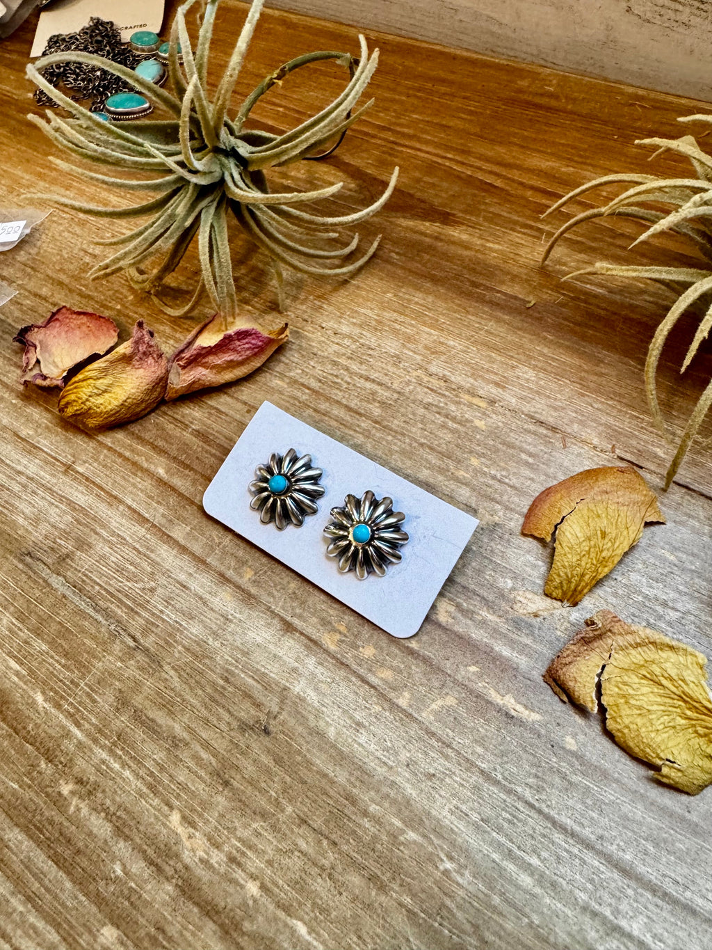 Small Sterling Silver Concho Earrings with Kingman Turquoise – Made in the USA