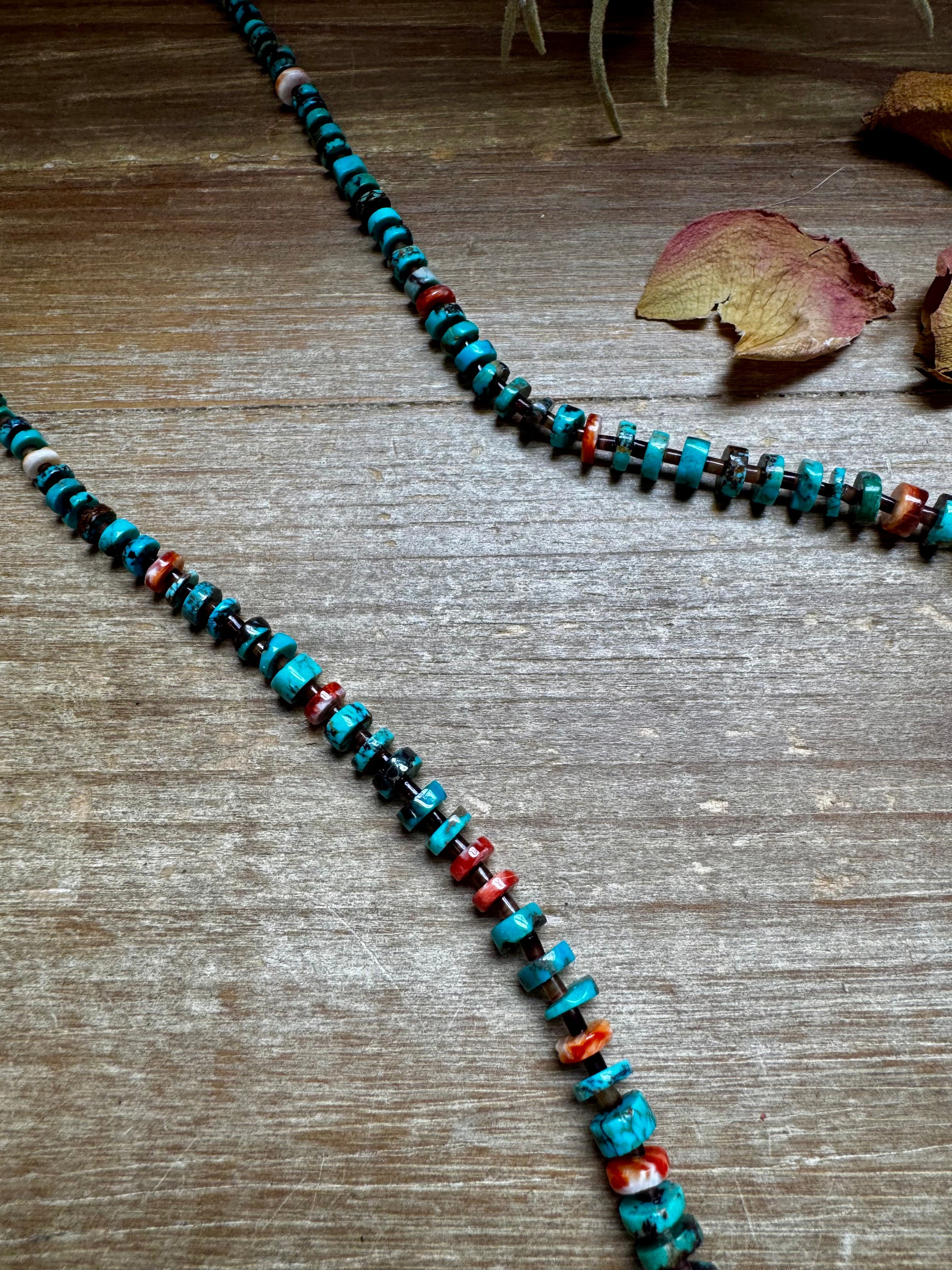 26” Dark Blue Rondelle Turquoise & Spiny Oyster Necklace