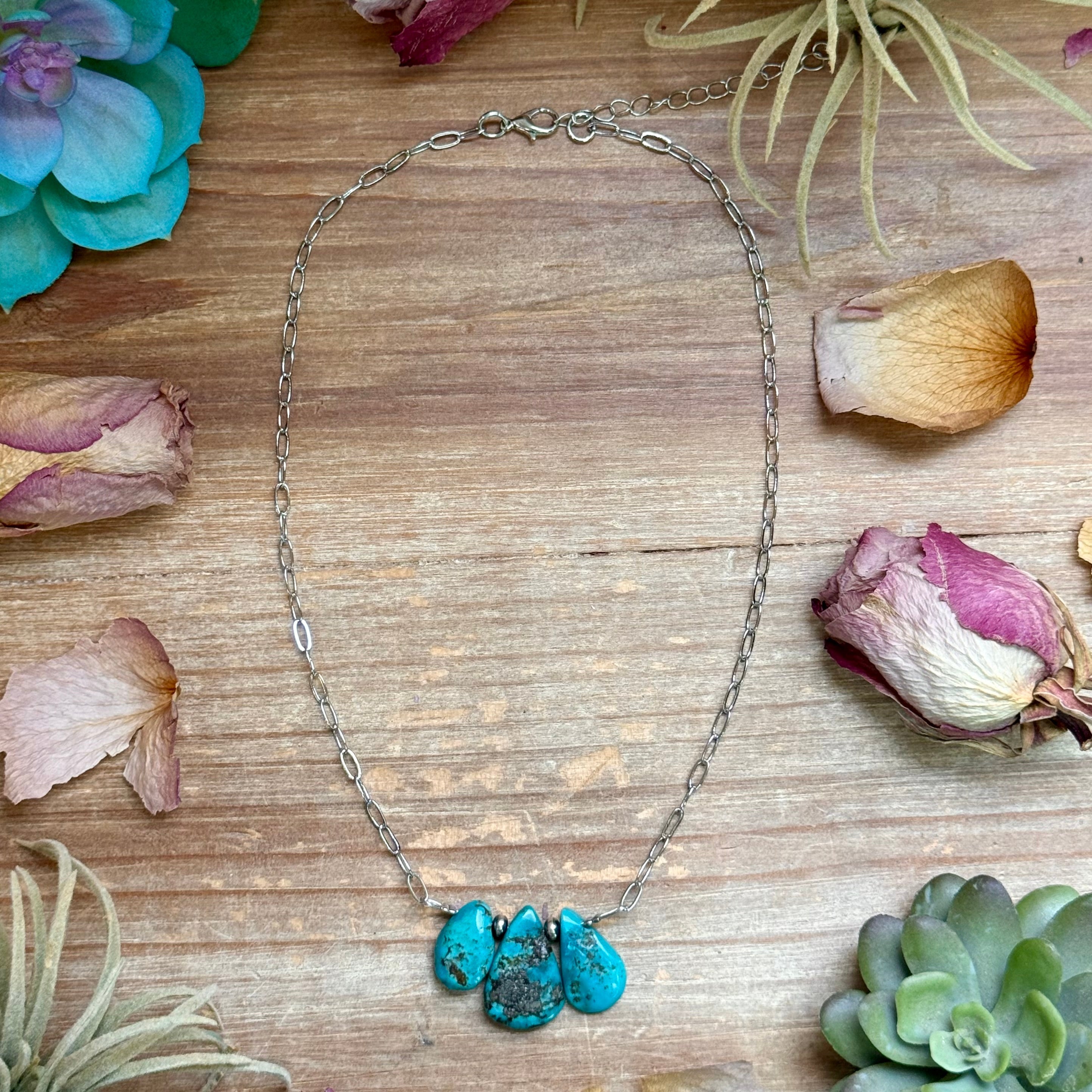 15” Turquoise Teardrop Chain Necklace – Silver Plated Paperclip