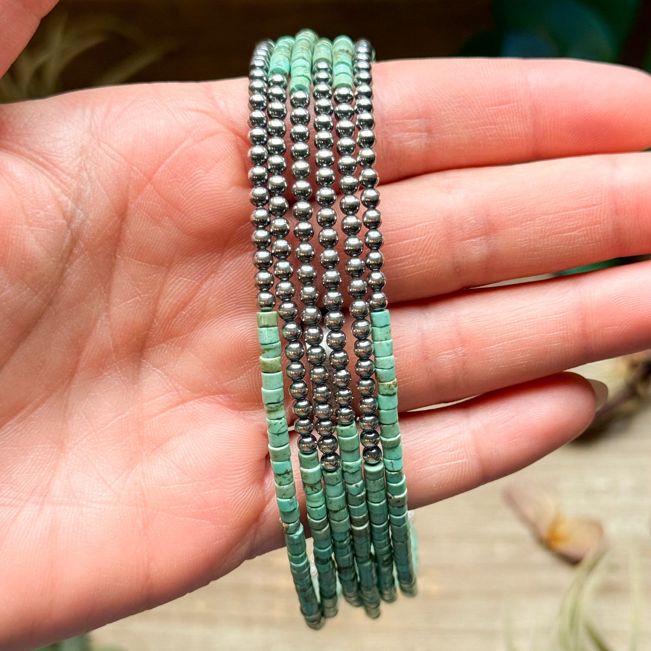 3 mm Sterling Silver Pearls choker with magnesite green turquoise heishi - western jewelry