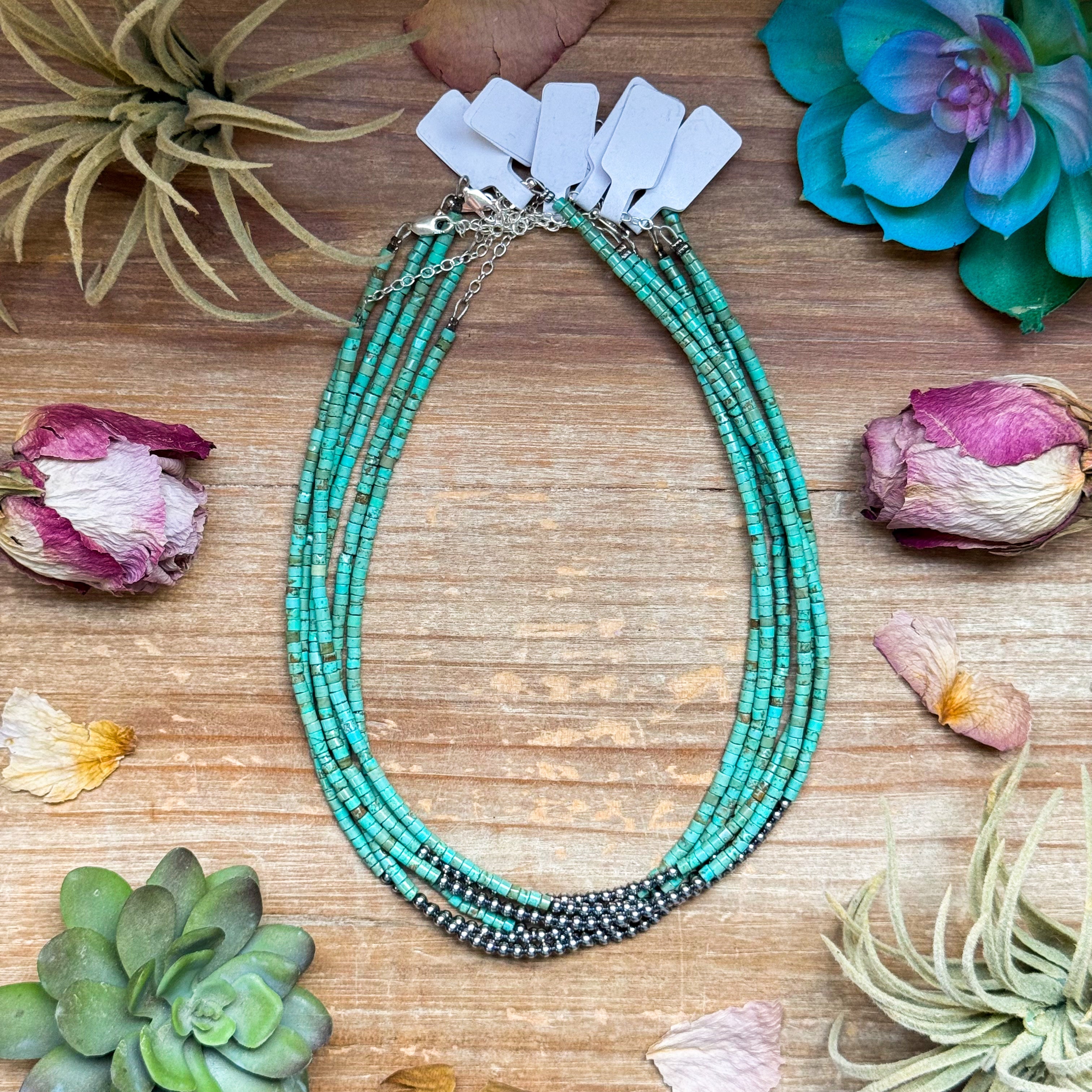 3 mm Sterling Silver Pearls choker with magnesite green turquoise heishi - western jewelry
