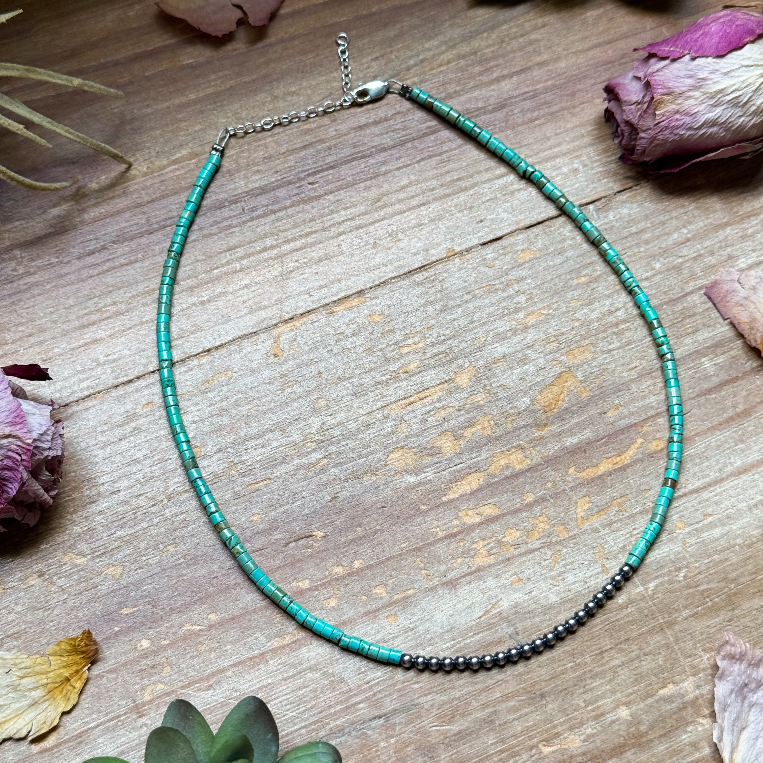 3 mm Sterling Silver Pearls choker with magnesite green turquoise heishi - western jewelry