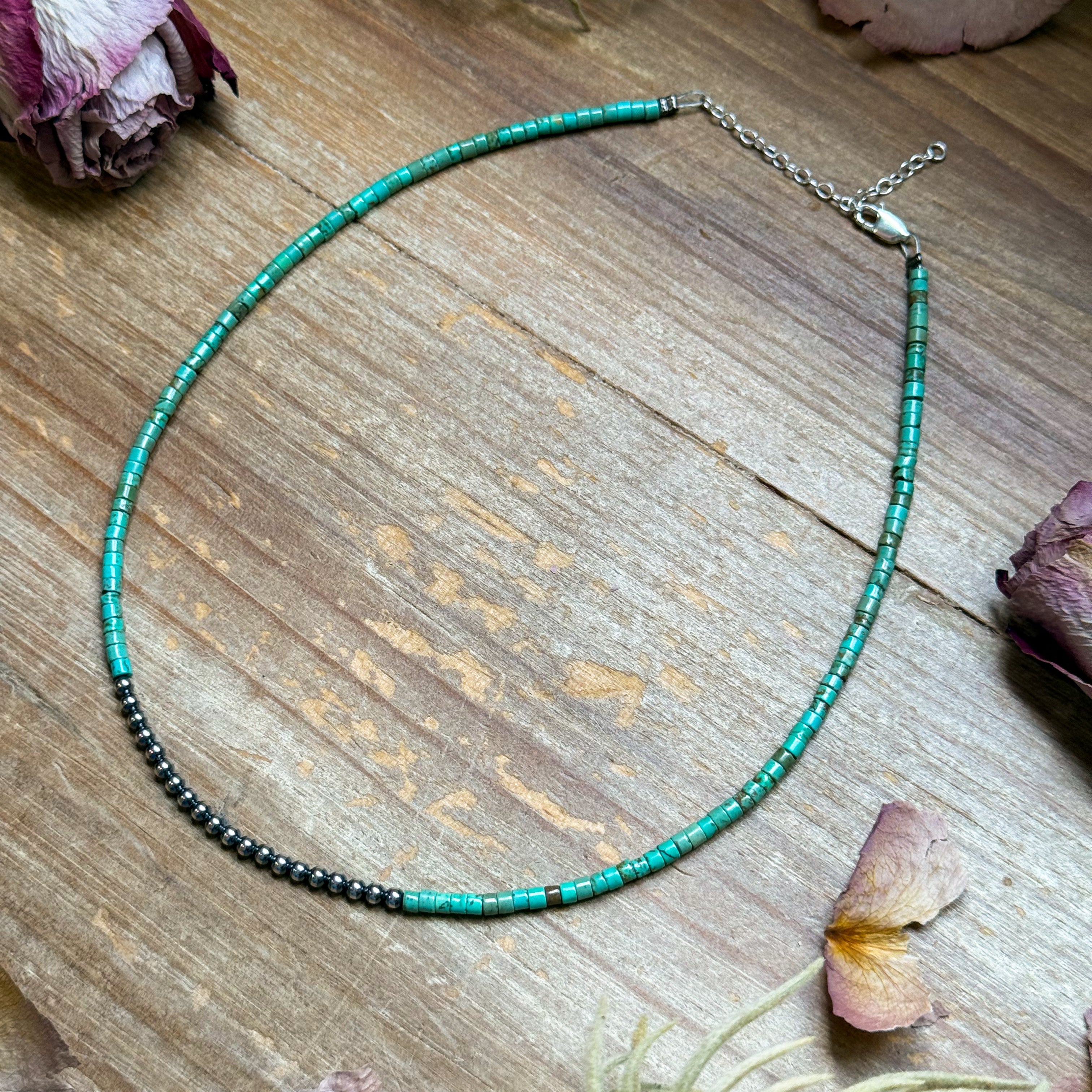 3 mm Sterling Silver Pearls choker with magnesite green turquoise heishi - western jewelry