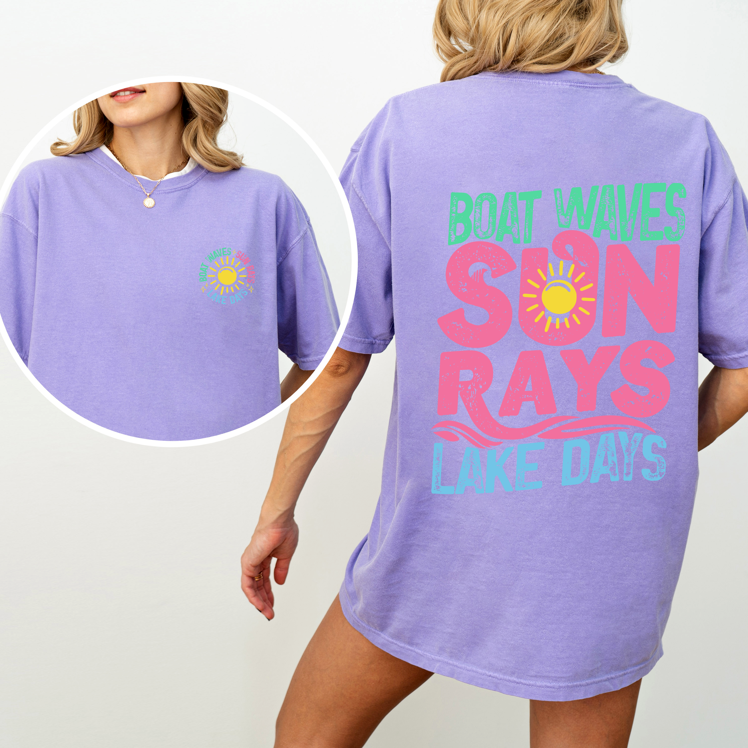 Lake Bum, Sun Rays, Lake Days, Front and Back, Boat, Summer , Comfort Colors T-Shirt
