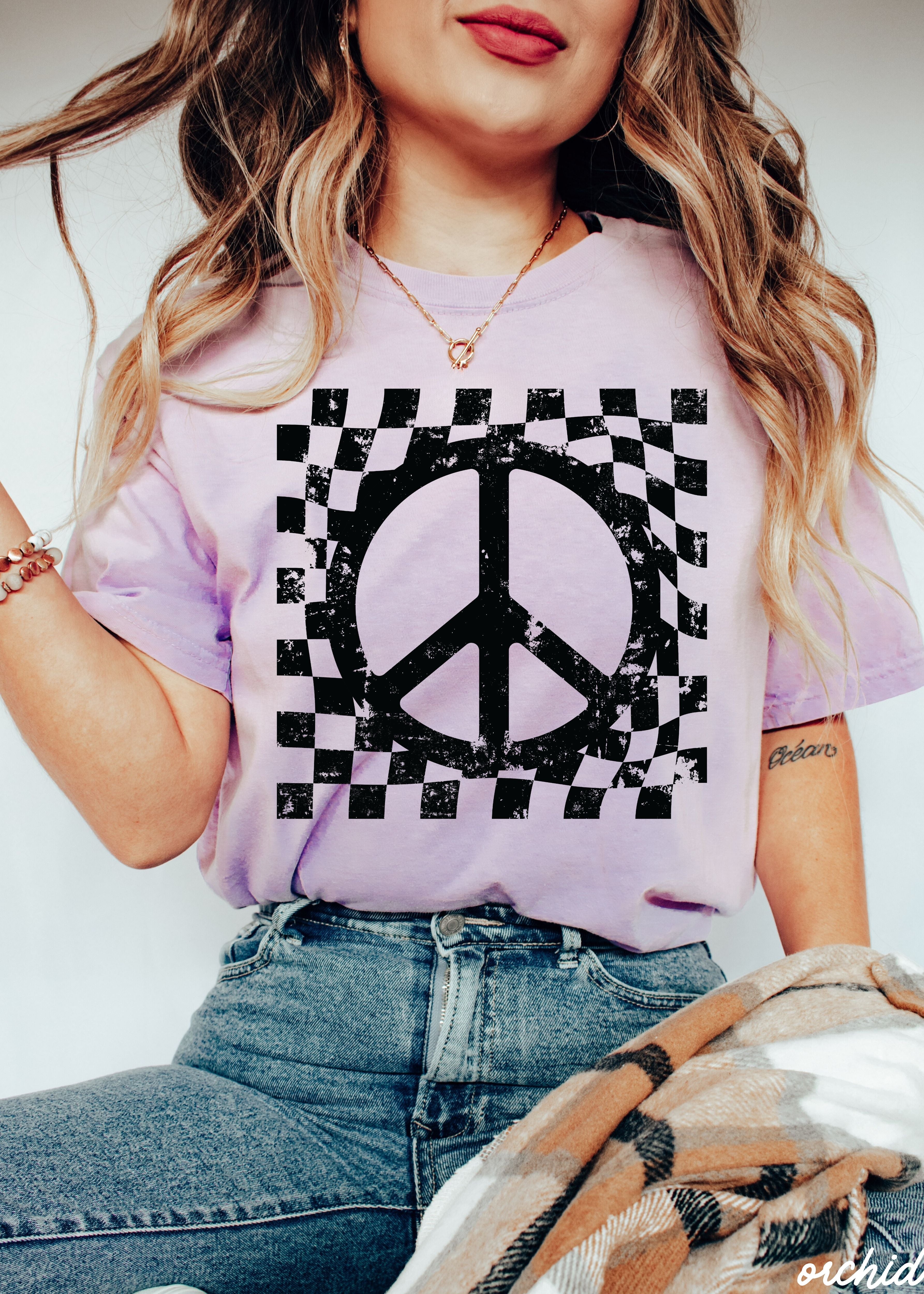 Checkered Peace Sign Tee *12 Colors (S-3X)