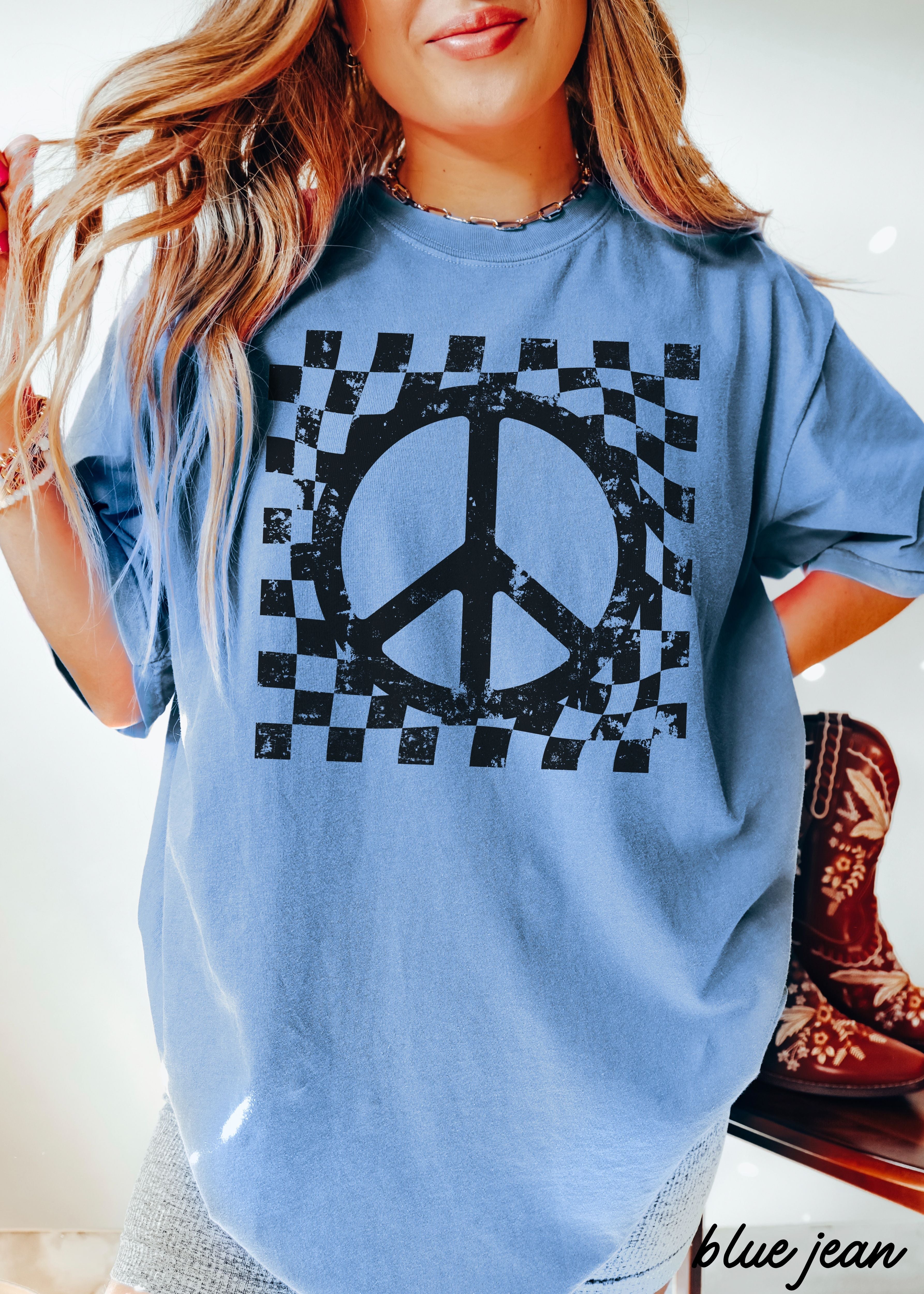 Checkered Peace Sign Tee *12 Colors (S-3X)