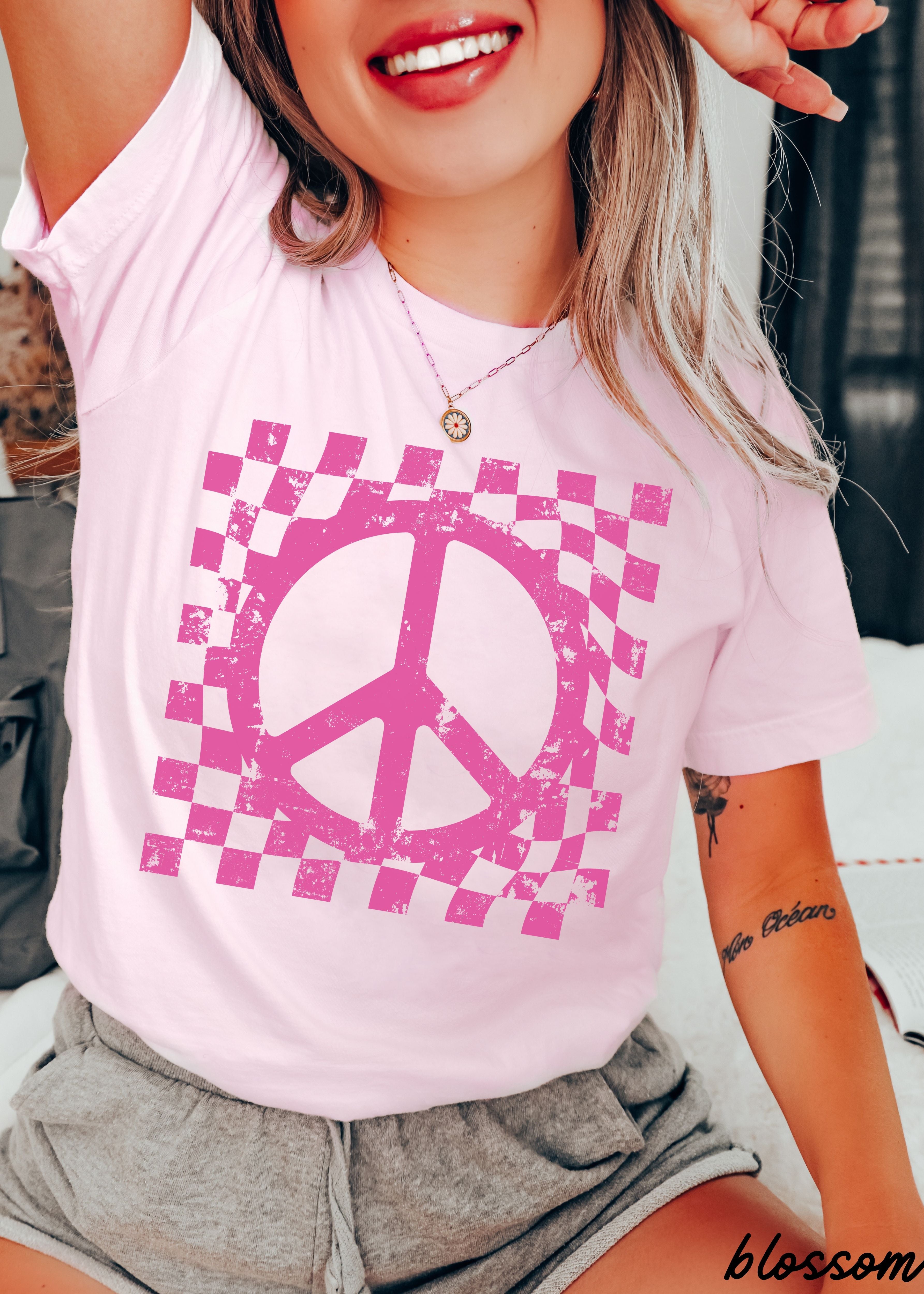 Checkered Peace Sign Tee *12 Colors (S-3X)